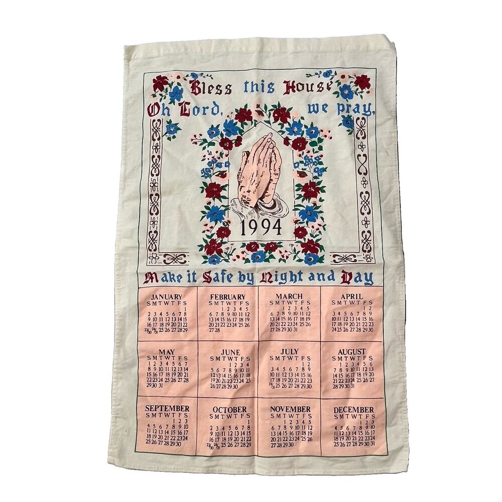 Vintage 1994 Calendar Tea Towel "Bless This House Lord We Pray" Jesus 16x25"